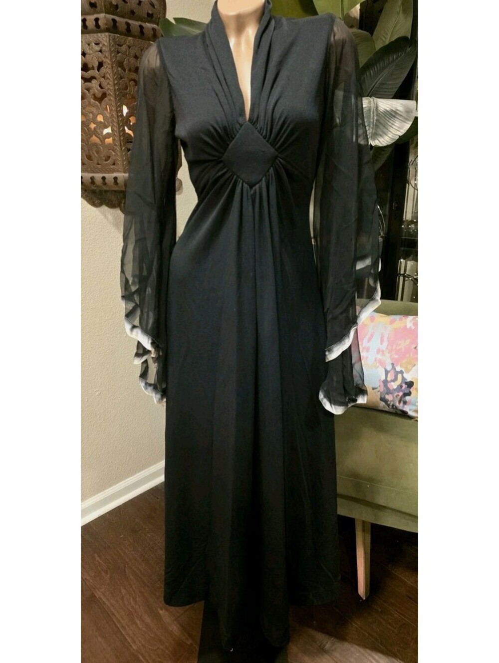 VTG 70s Goth Maxi Dress Sheer Chiffon Angel Sleeve Plunging Neck ILGWU Size 10